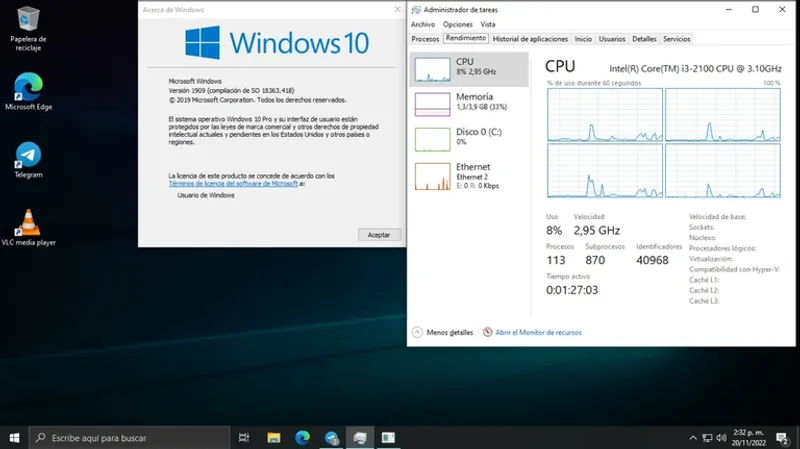 Captura del Programa Insider. Registros de consumos en la PC de pruebas.